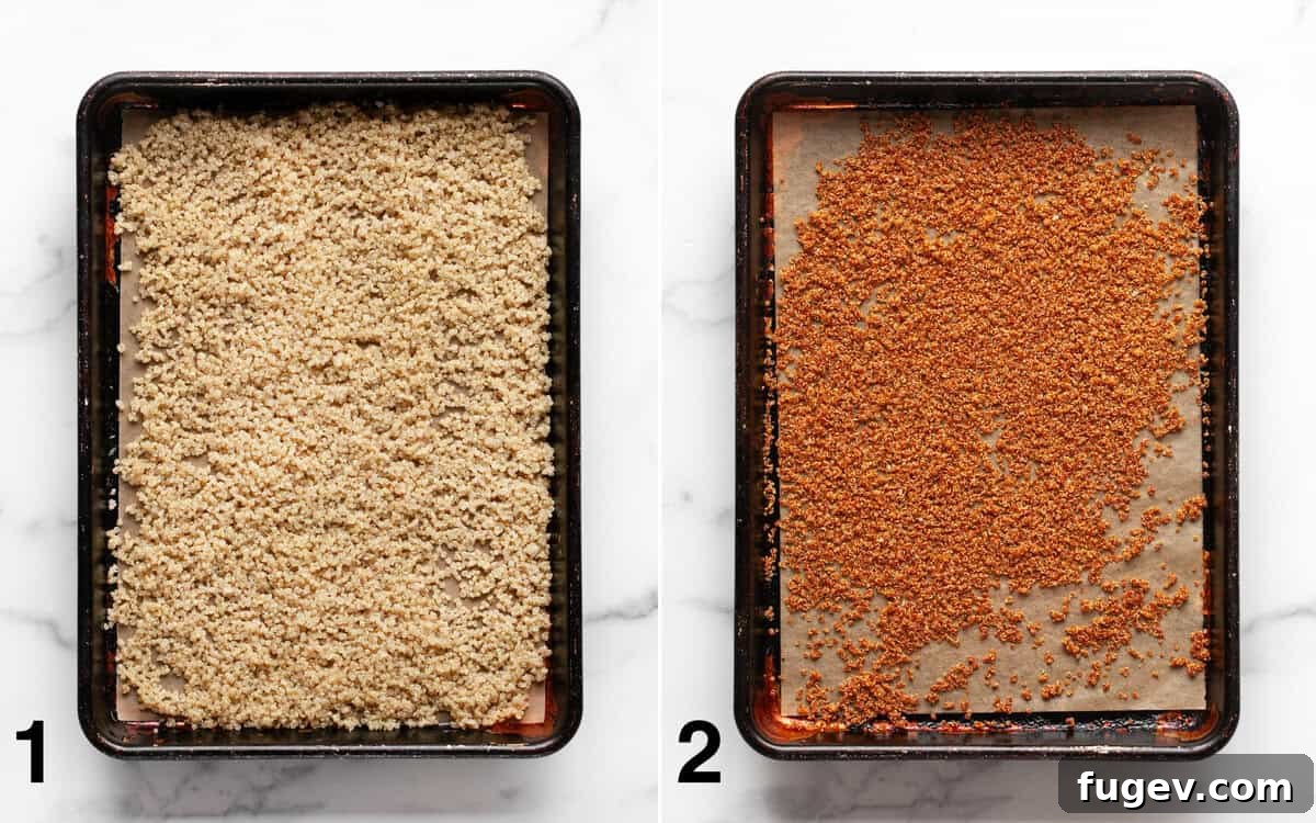 Golden Quinoa Mediterranean Delight 4 Quinoa on a sheet pan, showing stages before and after toasting to a crispy texture.