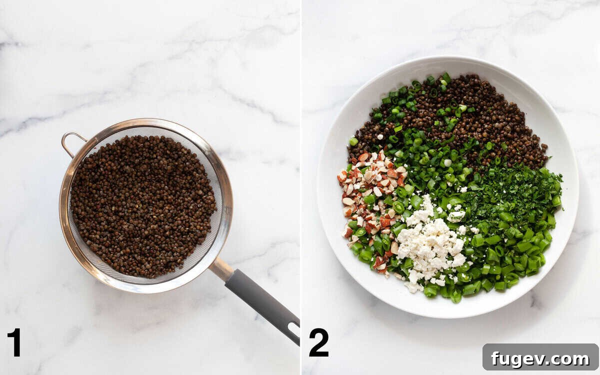 Crunchy Snap Pea and Lentil Delight 4 Two images: one showing cooked black lentils being rinsed in a strainer, and another showing all the prepared salad ingredients assembled in a large mixing bowl.