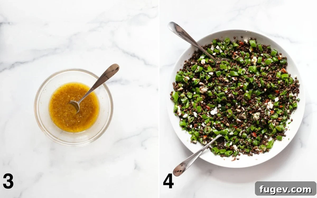 Crunchy Snap Pea and Lentil Delight 5 Two images: one showing the lemon vinaigrette in a small bowl, and another showing the completed salad tossed together in a large bowl, ready to be served.