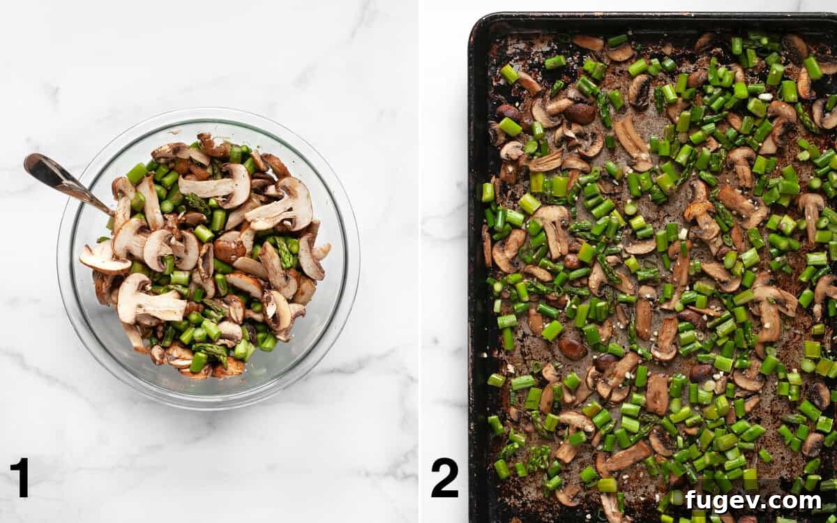 Roasted Asparagus and Creamy Cottage Cheese Frittata 4 Left image: Asparagus and mushrooms being tossed with olive oil and seasonings in a bowl. Right image: Perfectly roasted asparagus and mushrooms spread in a single layer on a sheet pan, ready to be seasoned with garlic and scallions.