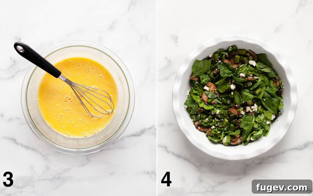 Roasted Asparagus and Creamy Cottage Cheese Frittata 5 Left image: A bowl of whisked egg and cottage cheese mixture. Right image: The initial layers of roasted vegetables, spinach, feta, and herbs carefully arranged in a pie dish, ready for the egg mixture.