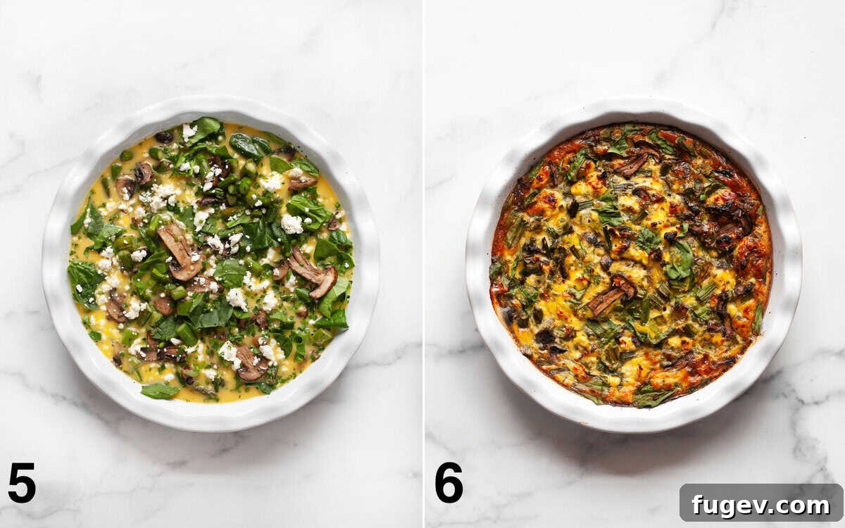 Roasted Asparagus and Creamy Cottage Cheese Frittata 6 Left image: The uncooked egg bake in a pie dish, beautifully assembled with all its layers. Right image: The finished, golden-brown egg bake, puffed and ready to be served after baking.