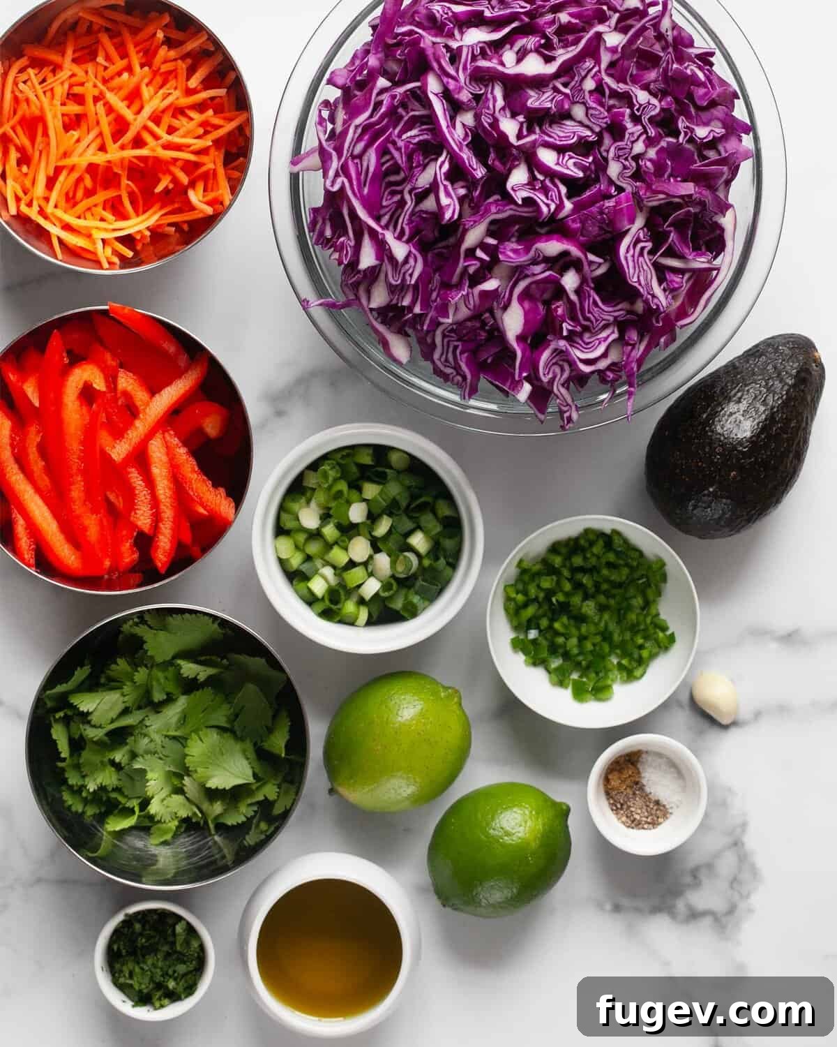 Vibrant Red Cabbage Slaw 3 An overhead shot showcasing all the fresh ingredients laid out for red cabbage slaw, including a head of red cabbage, carrots, red bell peppers, scallions, cilantro, limes, a bowl of cumin, salt, pepper, and olive oil.