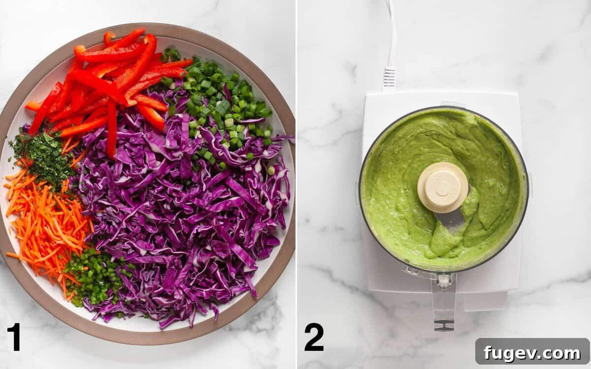 Vibrant Red Cabbage Slaw 4 Two images side by side: one showing vibrant salad ingredients in a large mixing bowl, and the other depicting creamy avocado lime dressing being pureed in a food processor.
