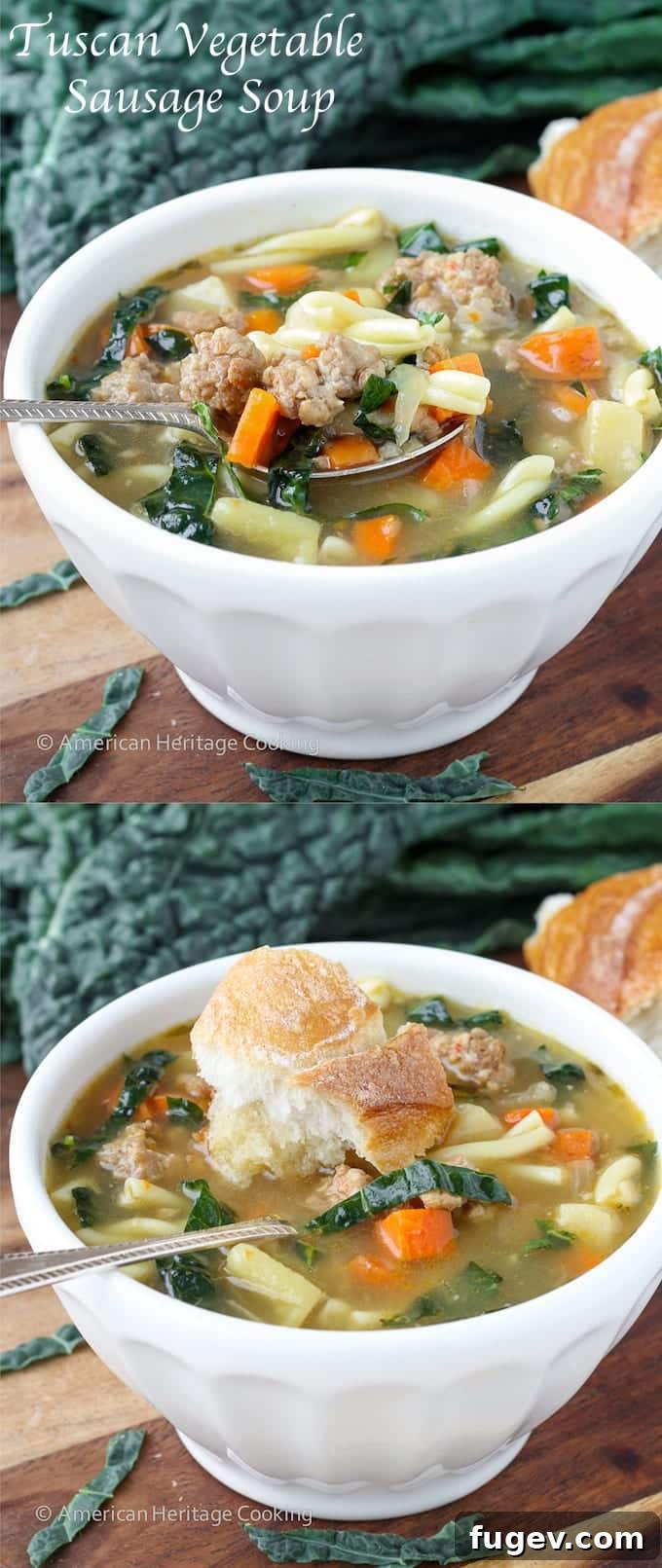 Hearty Italian Sausage Soup 11 A beautifully arranged collage featuring two distinct bowls of hearty Italian sausage soup, highlighting its rich texture and diverse ingredients from different angles.