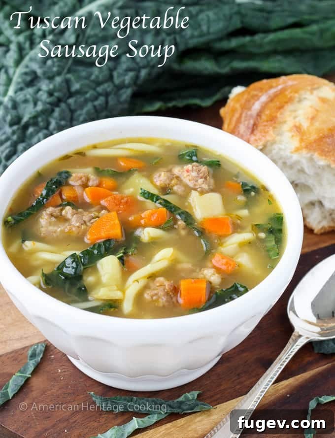 Hearty Italian Sausage Soup 12 A full, steaming bowl of savory Italian sausage soup with a silver spoon resting invitingly inside, perfectly ready to be savored.