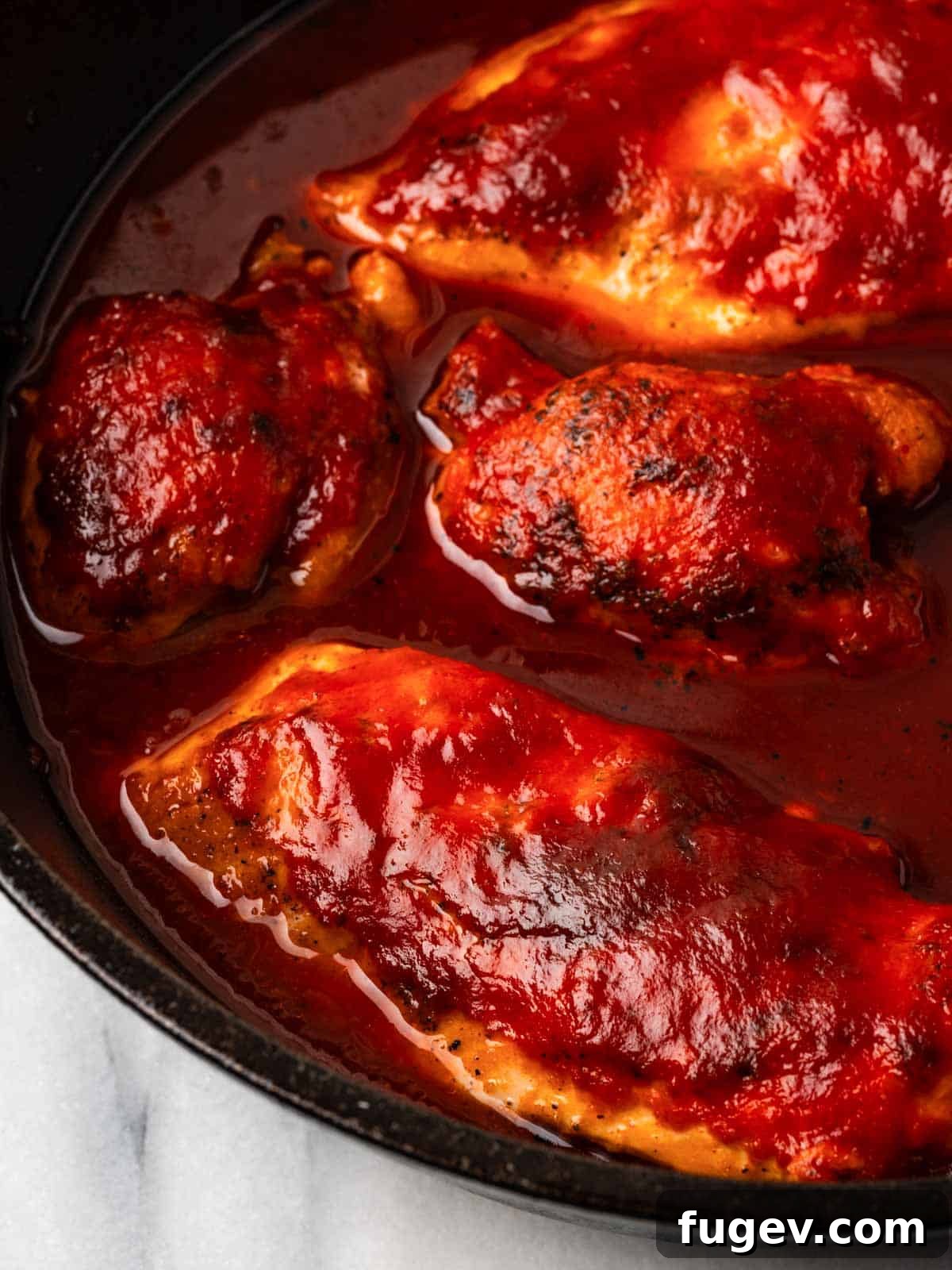 Perfect Backyard BBQ Chicken 2 cooked bbq chicken in cast iron skillet.