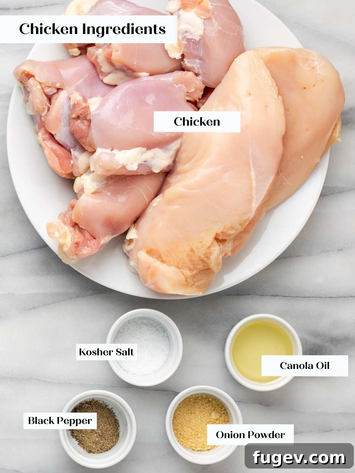 Perfect Backyard BBQ Chicken 5 bbq chicken ingredients on marble.