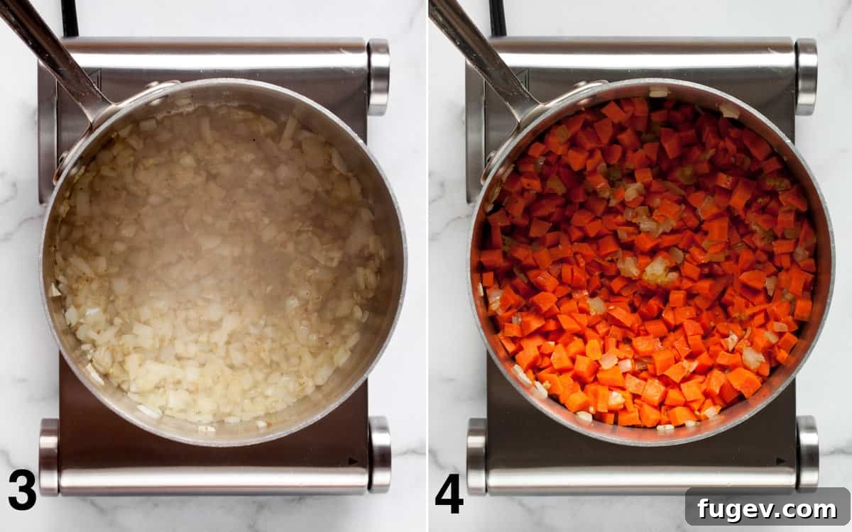 Golden Ginger Carrot Elixir 5 Diced carrots, minced garlic, and grated ginger being stirred into sautéed onions with cumin, salt, and pepper in a large pot.
