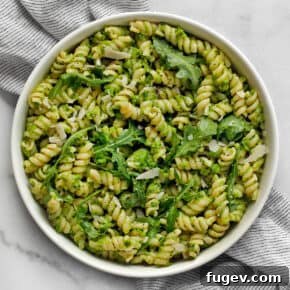Pasta with pea pesto in a bowl.