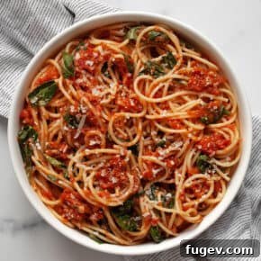 Tomato basil pasta in a bowl.