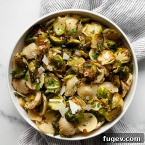 Brussels sprout pasta in a bowl.