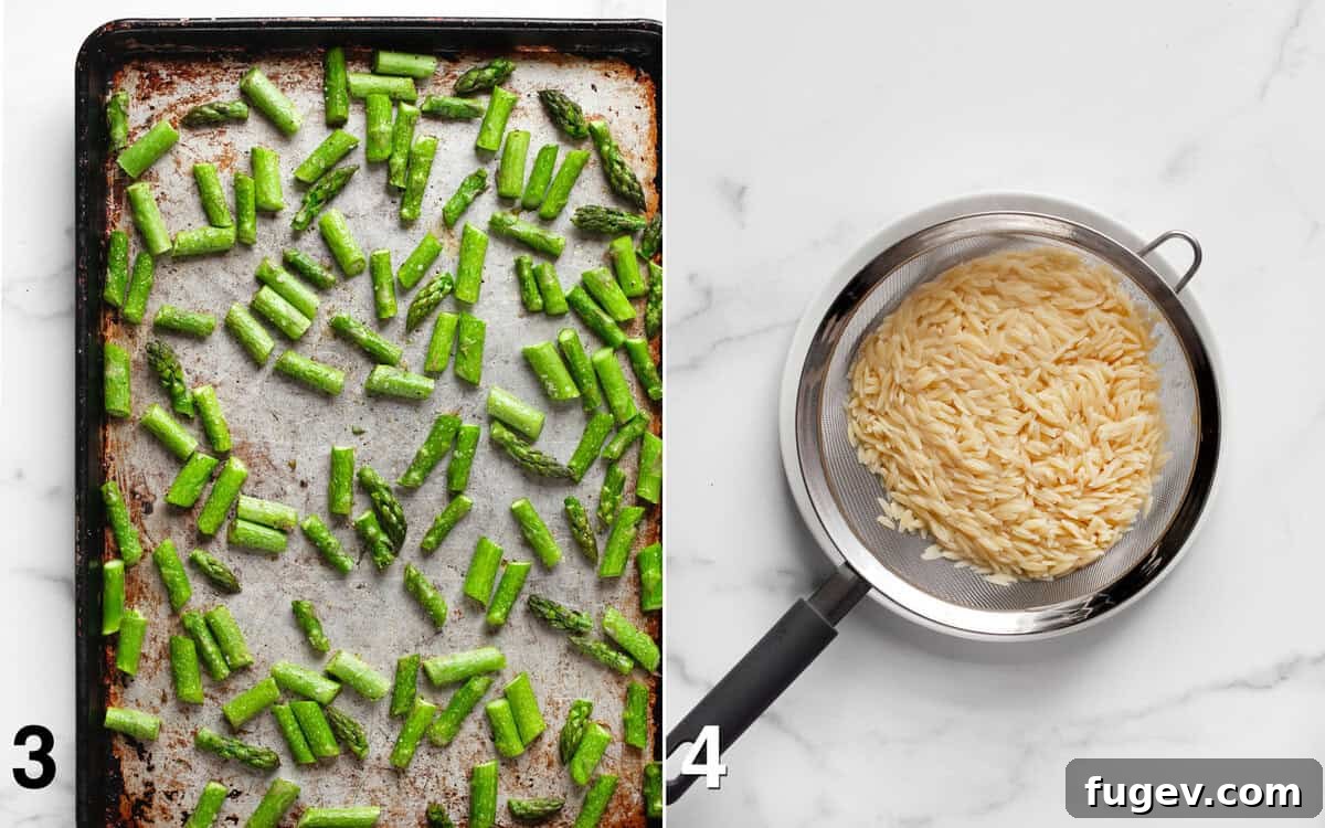Vibrant Spinach Pesto Orzo with Roasted Asparagus 5 Golden roasted asparagus on a baking sheet, next to a colander holding freshly drained orzo pasta, illustrating key cooking stages.