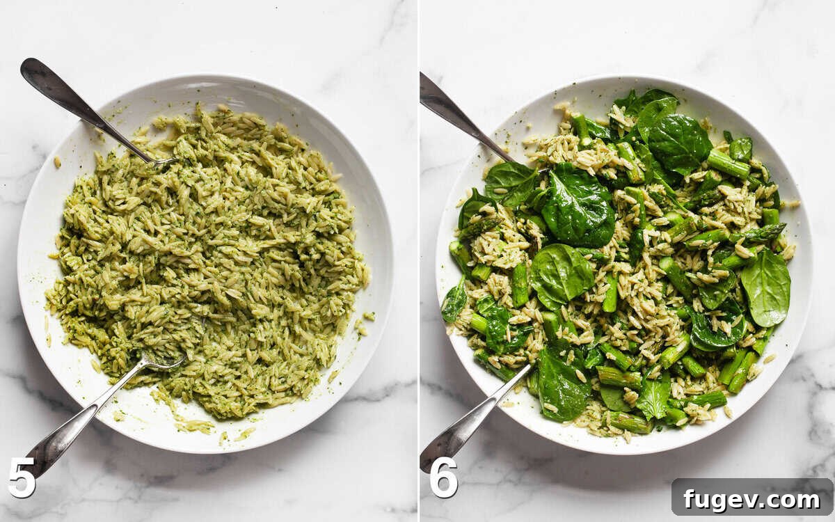 Vibrant Spinach Pesto Orzo with Roasted Asparagus 6 A two-part image showing spinach pesto being mixed into cooked orzo in a bowl, and then the final dish with roasted asparagus and fresh spinach leaves folded in.