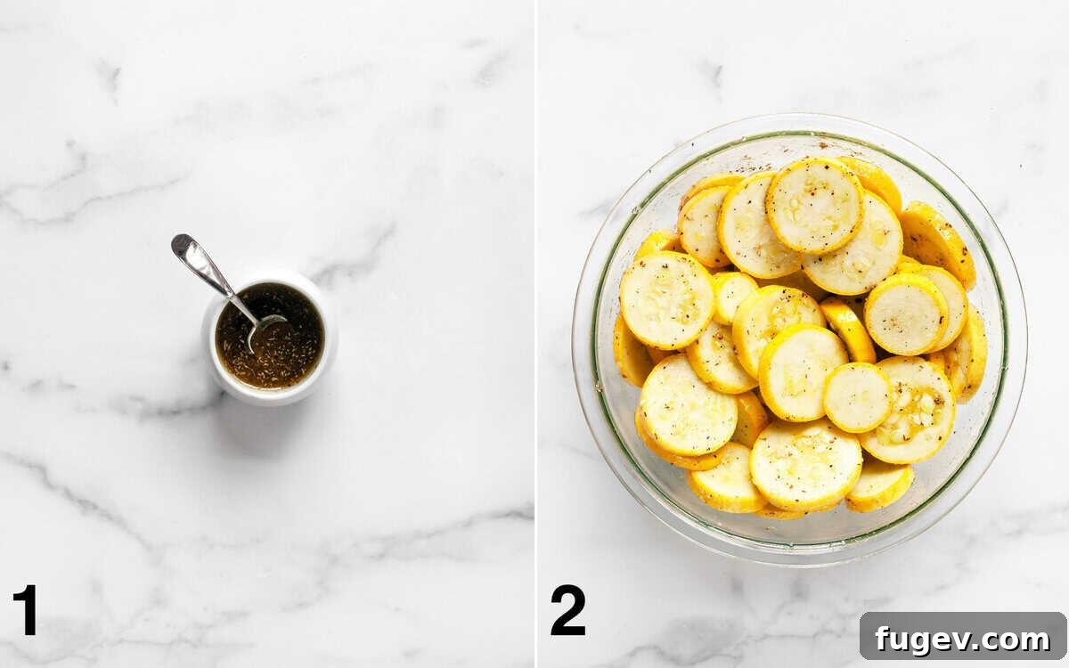 Sweet Heat Parmesan Roasted Squash 4 Dried spices and olive oil stirred in a small bowl, and sliced squash being tossed with the spiced oil in a large bowl.
