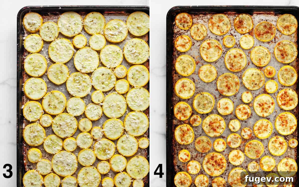 Sweet Heat Parmesan Roasted Squash 5 Yellow squash on a sheet pan before roasting, sprinkled with Parmesan, and after roasting to a golden brown.