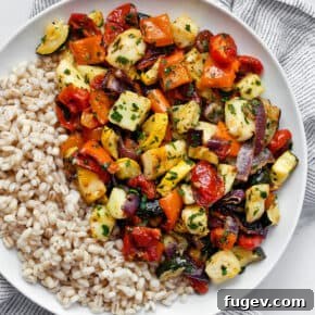 Roasted Mediterranean Vegetables and Halloumi with Barley, a wholesome and vibrant meal.