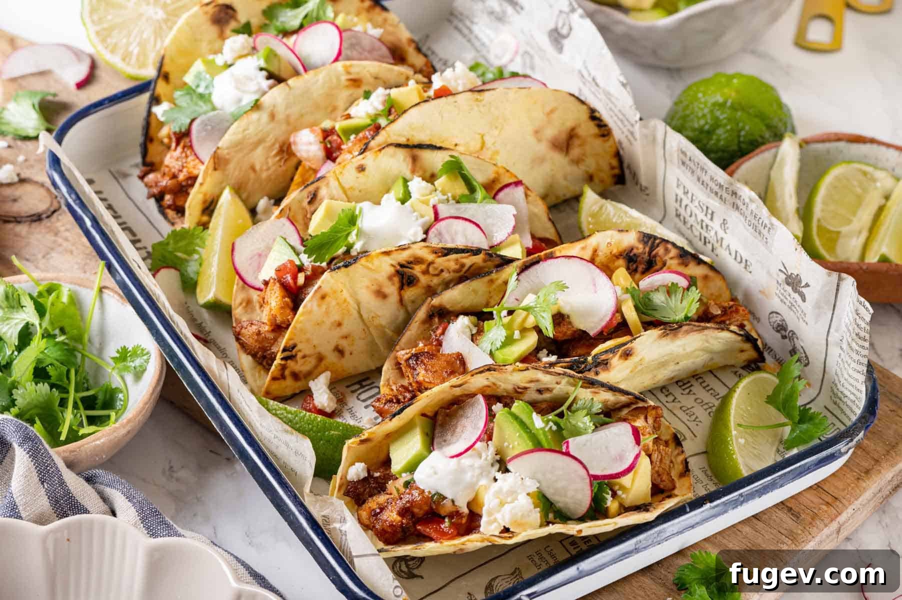 Fiesta Chicken Tacos 14 An overhead shot of an appetizing spread of chicken tacos and fresh toppings.