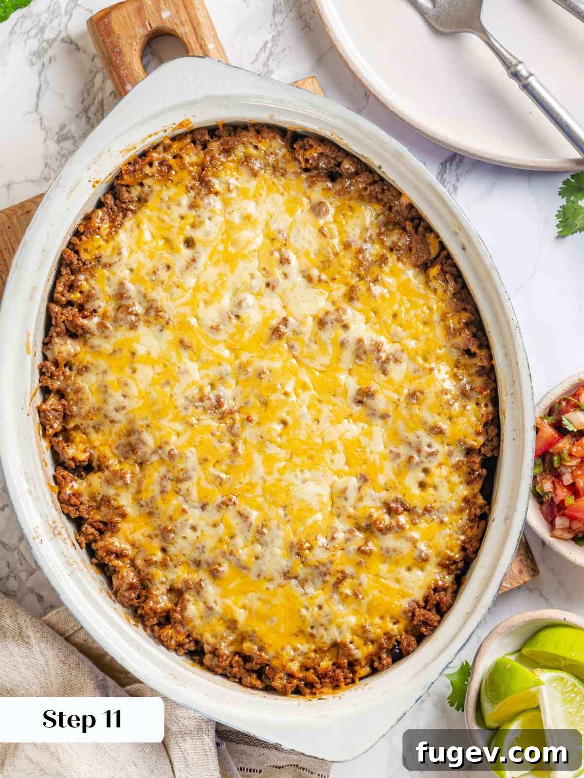 Cheesy Taco Bake 13 A baked taco casserole, hot out of the oven, with perfectly melted and bubbly cheese.