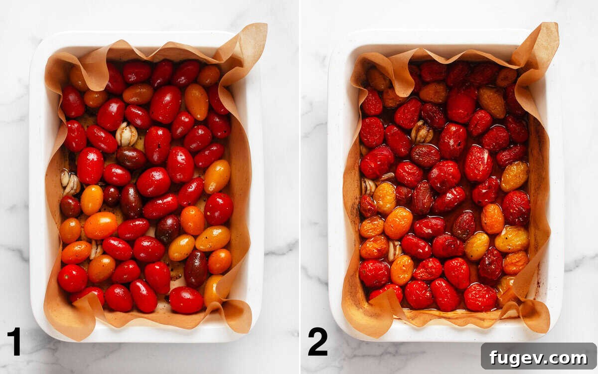 Rustic Roasted Tomato Pasta 4 Tomatoes and garlic in a baking dish before and after roasting.