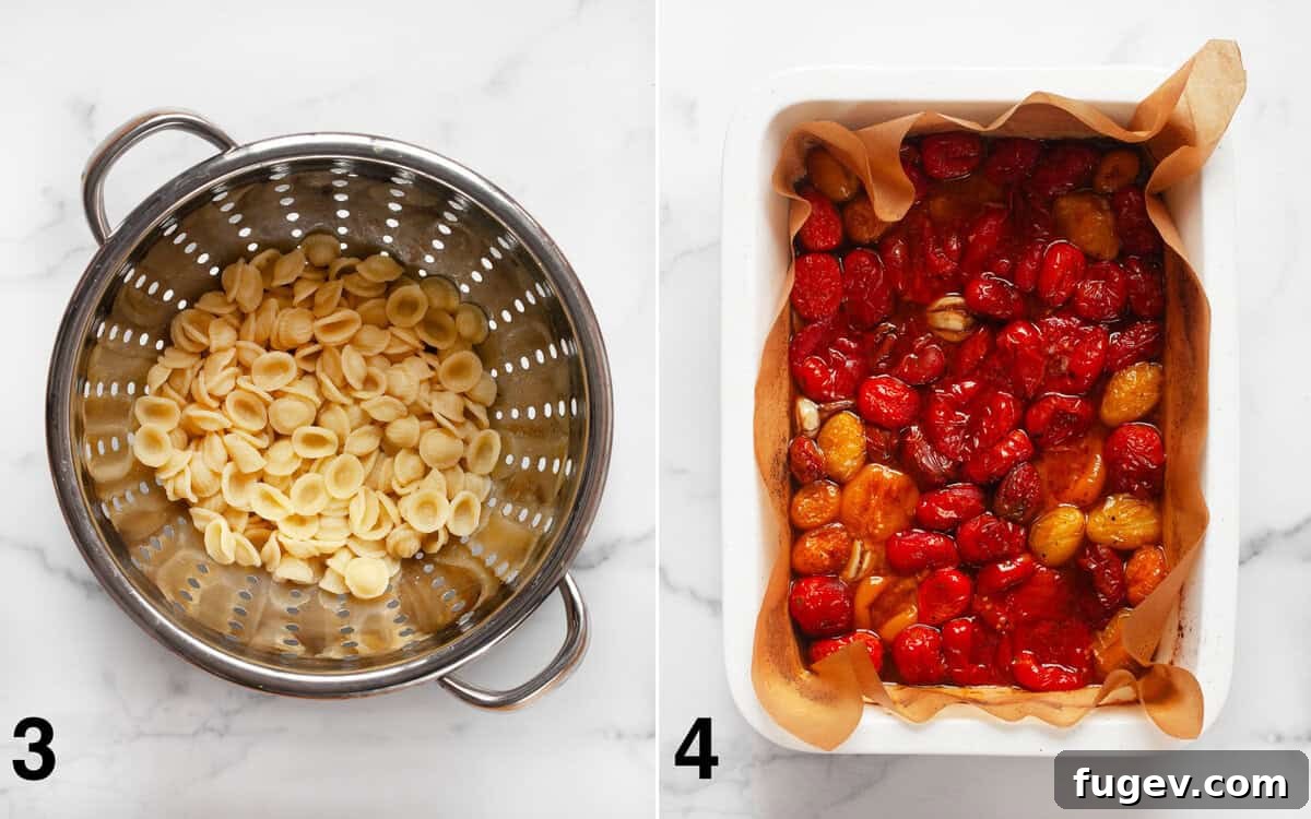 Rustic Roasted Tomato Pasta 5 Orecchiette in a strainer, and smashed roasted tomatoes in a baking dish.