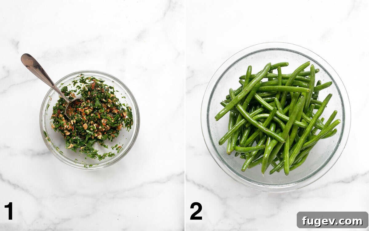 Smoky Green Beans with Bright Almond Gremolata 4 Gremolata mixture in a small bowl and green beans tossed with olive oil, salt, and pepper in a large bowl, ready for grilling.