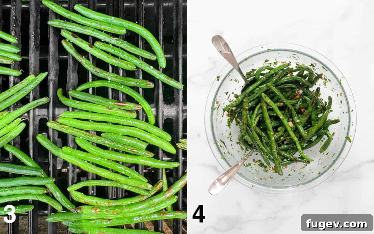 Smoky Green Beans with Bright Almond Gremolata 5 Green beans sizzling on a hot grill and a bowl of grilled green beans tossed with the vibrant almond gremolata.