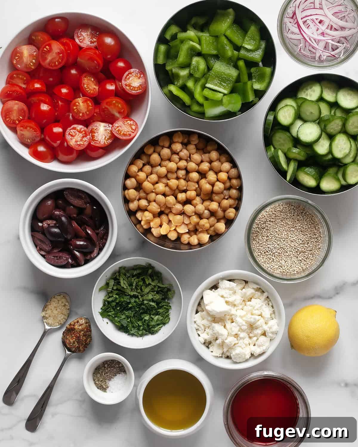 Vibrant Greek Quinoa Medley 3 Assorted ingredients for Greek quinoa salad, including cooked quinoa, fresh vegetables, olives, feta, herbs, and dressing components.