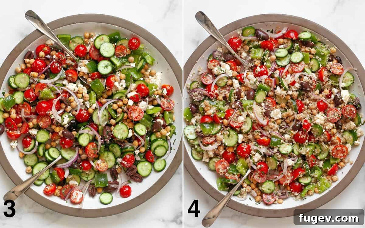 Vibrant Greek Quinoa Medley 5 Salad ingredients tossed with vinaigrette, and quinoa being stirred into the salad in a large bowl.