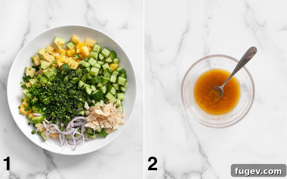 Refreshing Pineapple Cucumber Medley 4 Two separate bowls: a large mixing bowl filled with colorful, freshly diced pineapple, cucumbers, and other salad ingredients, and a smaller bowl containing the whisked lime dressing.