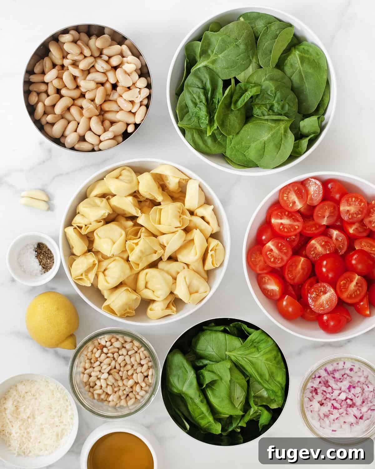 Vibrant Pesto Tortellini Salad with Cannellini and Cherry Tomatoes 3 Various fresh ingredients laid out for pesto tortellini salad, including tortellini, white beans, cherry tomatoes, spinach, basil, pine nuts, red onion, olive oil, and parmesan cheese.