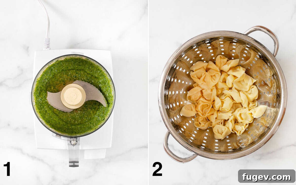 Vibrant Pesto Tortellini Salad with Cannellini and Cherry Tomatoes 4 Two images side-by-side: Left shows homemade pesto being prepared in a food processor. Right shows cooked tortellini being rinsed under cold water in a colander.