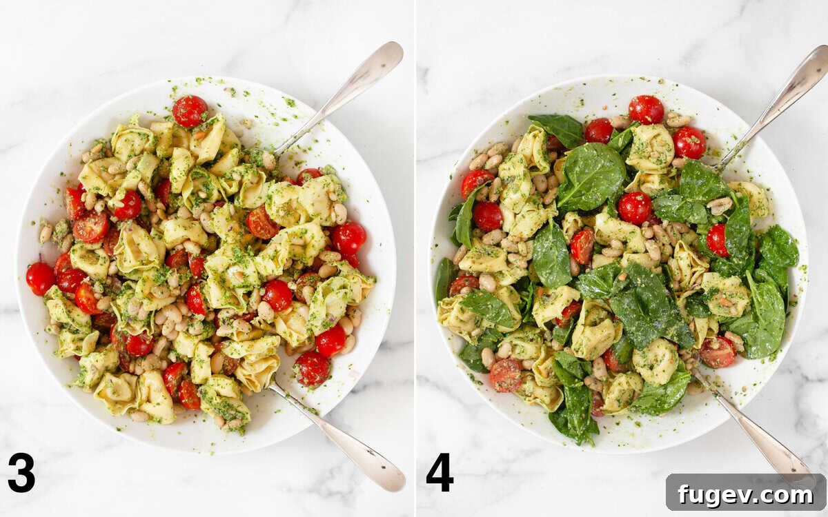 Vibrant Pesto Tortellini Salad with Cannellini and Cherry Tomatoes 5 Two images side-by-side: Left shows tortellini, tomatoes, white beans, red onions, and pine nuts being stirred with pesto in a large bowl. Right shows baby spinach being folded into the pasta salad in a serving bowl.