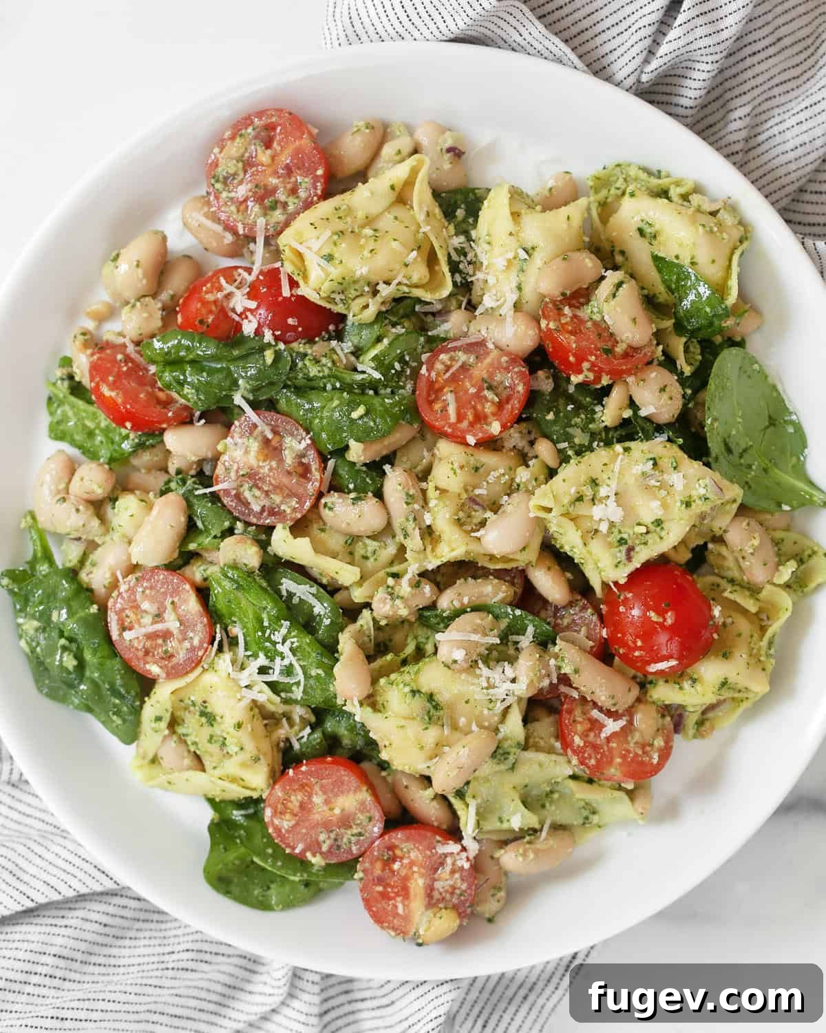 Vibrant Pesto Tortellini Salad with Cannellini and Cherry Tomatoes 6 A serving of pesto tortellini salad plated on a white dish, garnished with fresh basil.