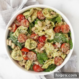 Pesto tortellinin salad in a bowl.