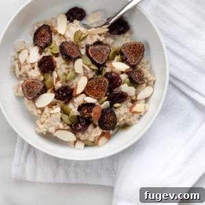 Close-up of overnight steel-cut oats in a bowl, showing texture and toppings.