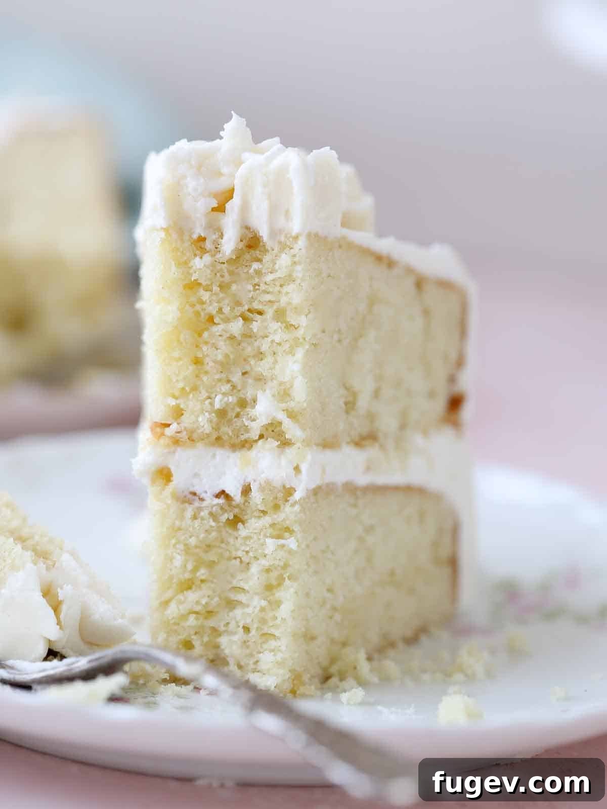 Velvet Vanilla Cake Recipe 2 A beautifully sliced moist vanilla cake on a plate, showcasing its tender layers and silky frosting.