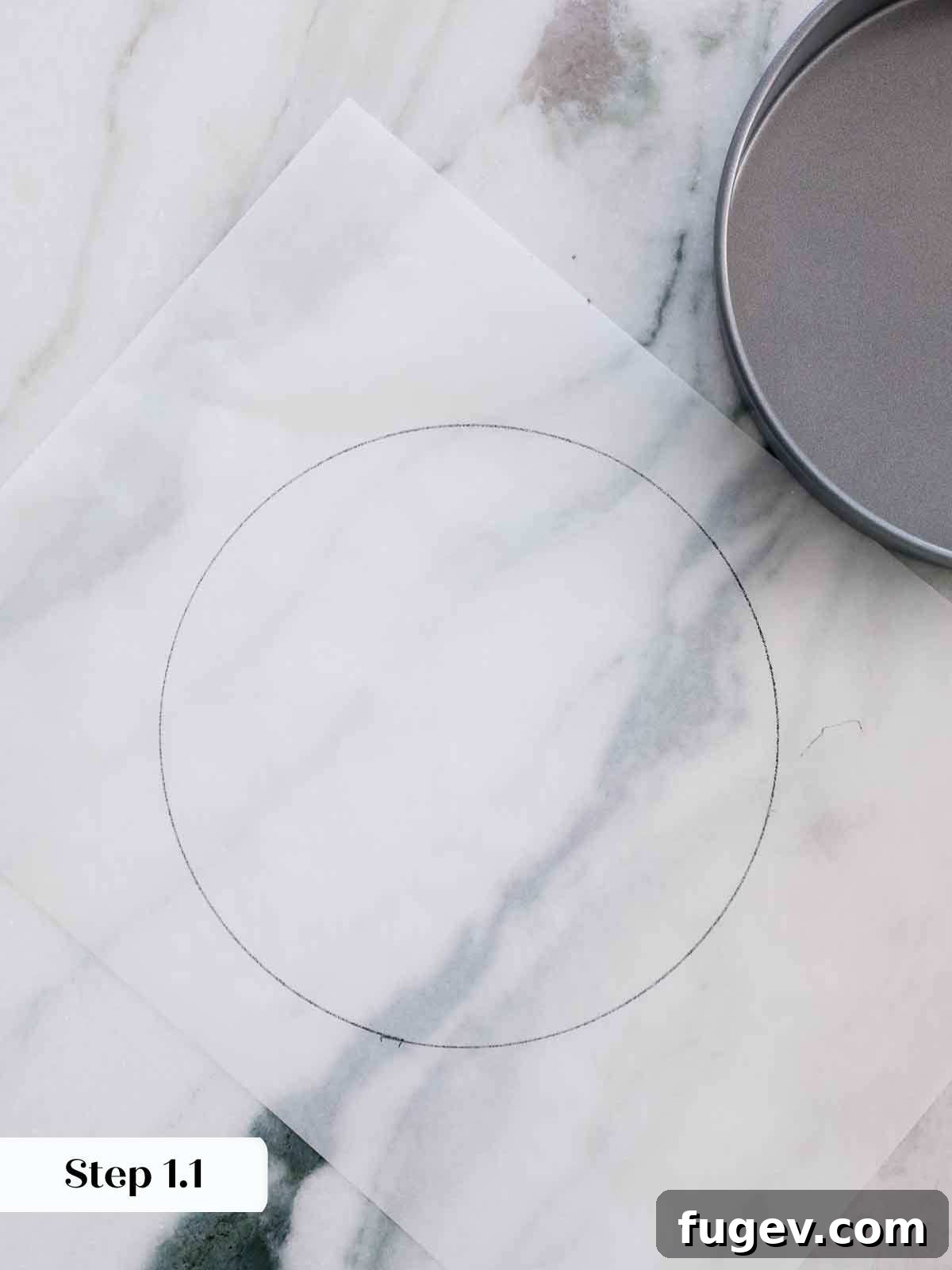 Velvet Vanilla Cake Recipe 8 Tracing a circle onto parchment paper for cake pan lining.