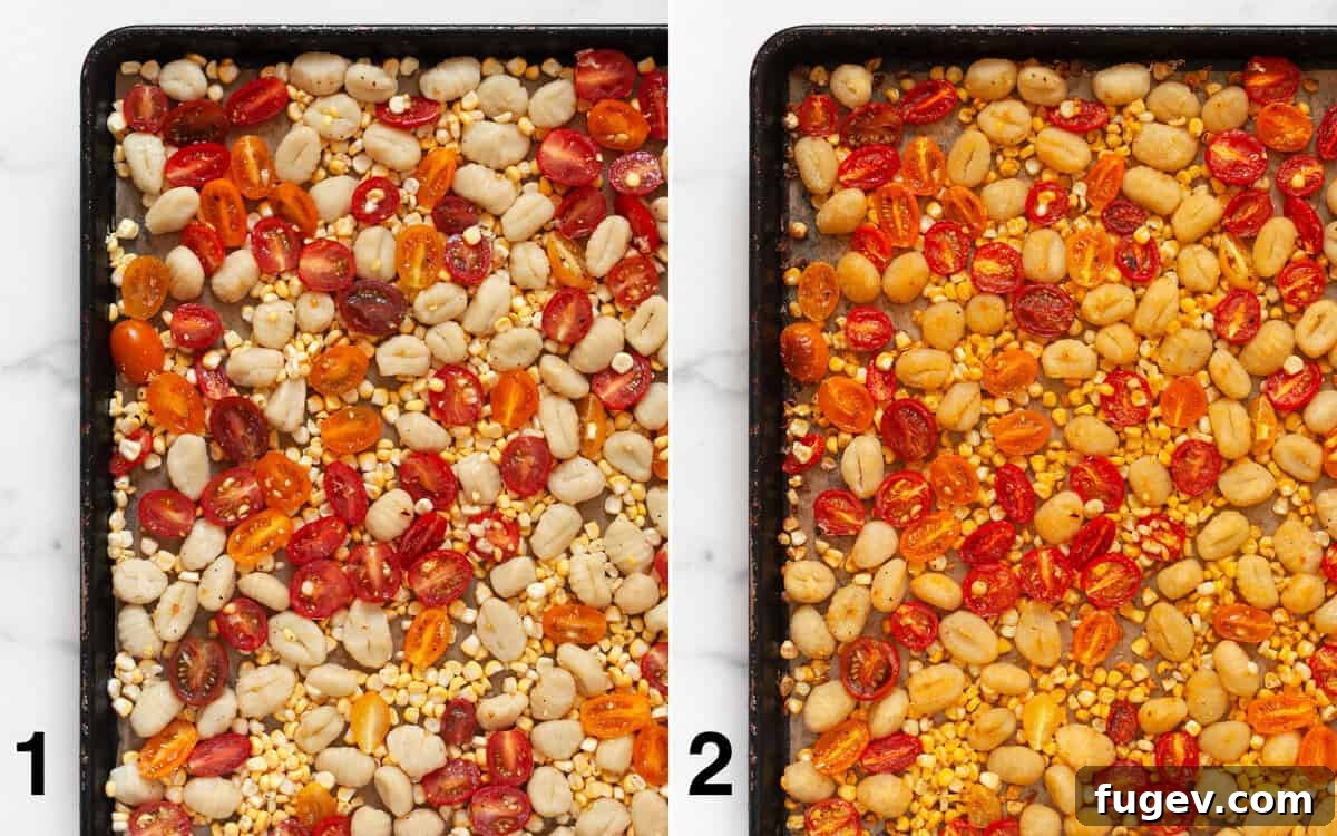 Roasted Gnocchi with Burst Tomatoes and Sweet Corn 4 Gnocchi, tomatoes and corn on a sheet pan before and after they roast, showing the golden-brown transformation.