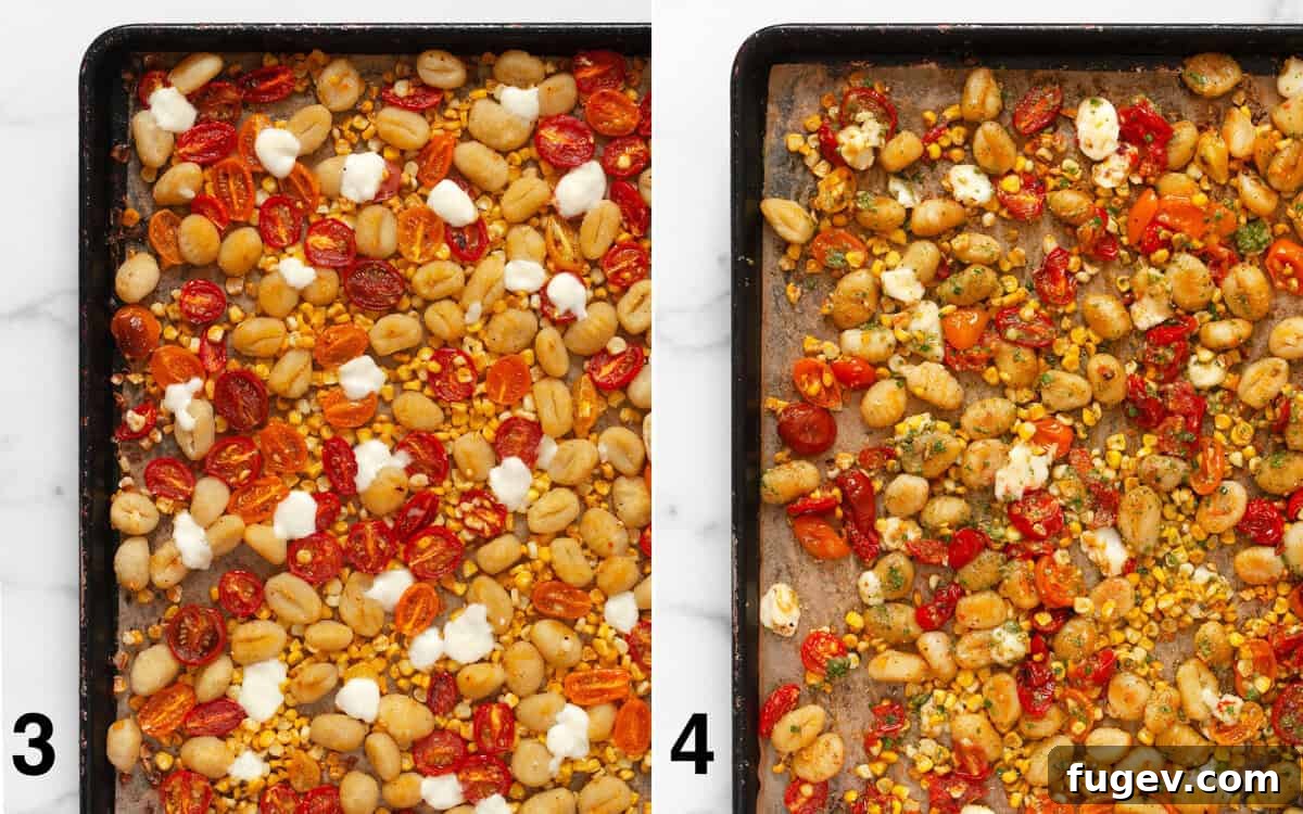 Roasted Gnocchi with Burst Tomatoes and Sweet Corn 5 Melted mozzarella on gnocchi and veggies, then gnocchi, corn and tomatoes tossed with pesto and chives on a sheet pan.
