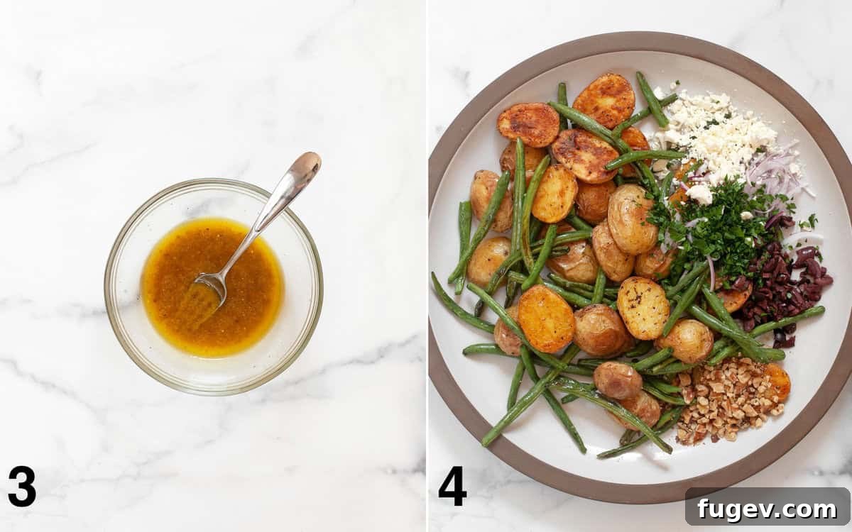 Rustic Roasted Potato and Green Bean Salad 5 Two images side-by-side: first showing a small bowl with the lemon dressing being whisked, and second showing a large mixing bowl filled with all the salad components ready to be dressed.