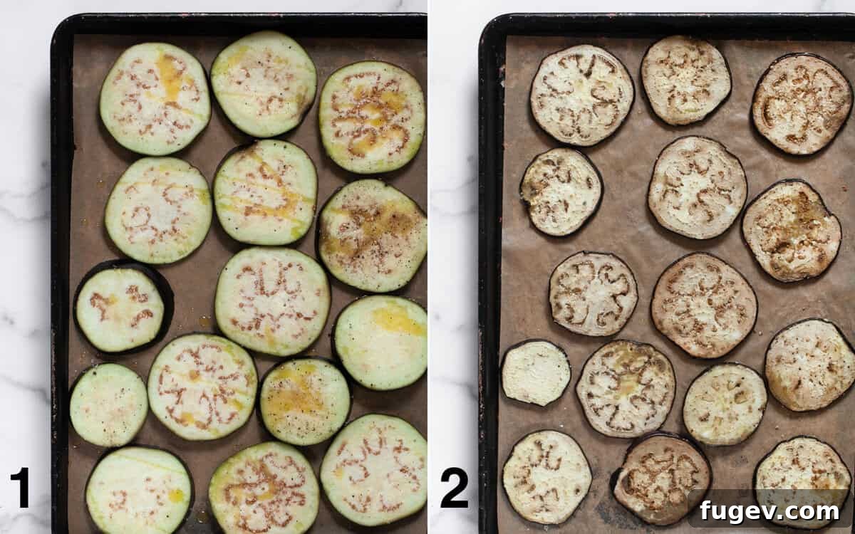 Savory Eggplant Gratin 4 Eggplant slices on a baking sheet, showing before and after roasting for the casserole.