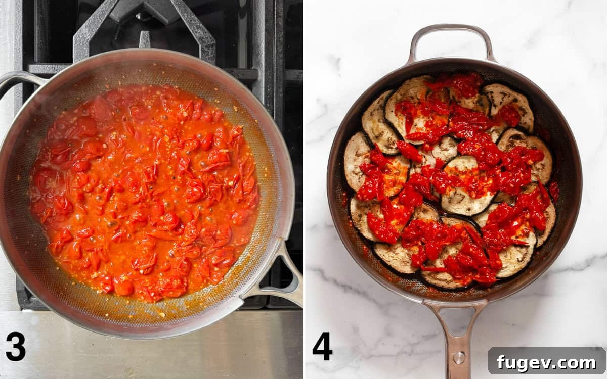 Savory Eggplant Gratin 5 Simmering cherry tomato sauce in a skillet and the first layer of eggplant and sauce assembled in the same skillet.