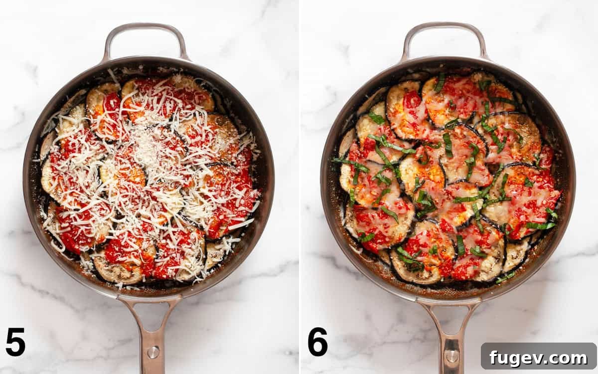 Savory Eggplant Gratin 6 Eggplant casserole in a skillet, showing before and after baking.