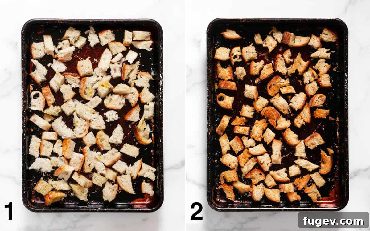 Tuscan White Bean Salad 4 Image showing bread cubes on a sheet pan before and after being toasted into golden croutons.