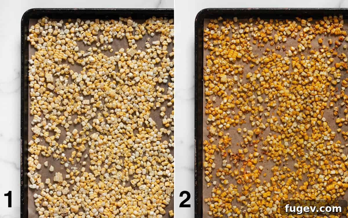 Corn kernels on a sheet pan before and after roasting, showcasing the transformation to golden and crisp.