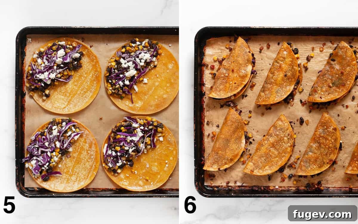 Assembled tacos neatly arranged on a sheet pan before baking, and then the same tacos after baking, golden brown and crisp.
