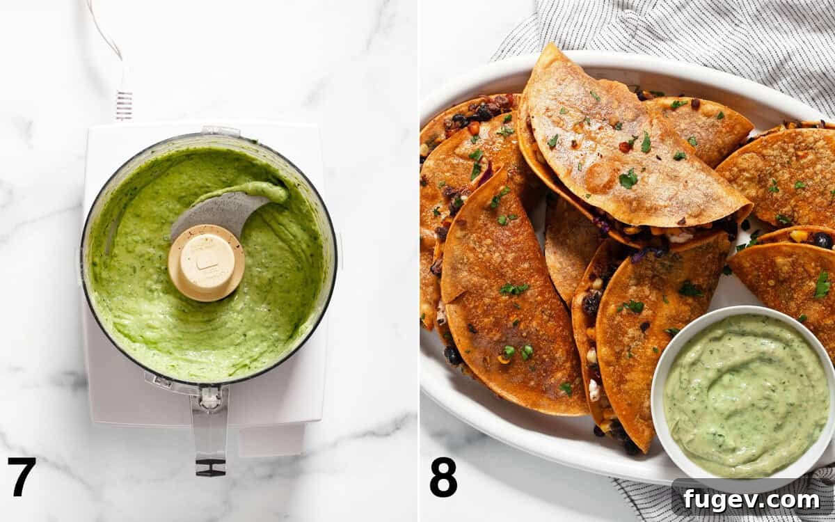 Avocado crema being blended in a food processor, and then the finished crispy tacos beautifully presented on a serving plate.