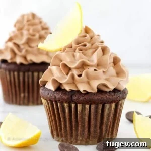 Double Chocolate Lemon Surprise Cupcakes, showcasing their rich chocolate frosting.