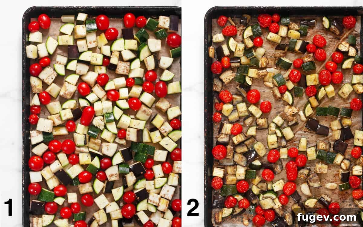 Roasted Mediterranean Vegetable Orzo 4 Two images side by side. One shows fresh, raw vegetables on a sheet pan ready for roasting. The other shows the same vegetables after they have been perfectly roasted, slightly browned and shriveled.